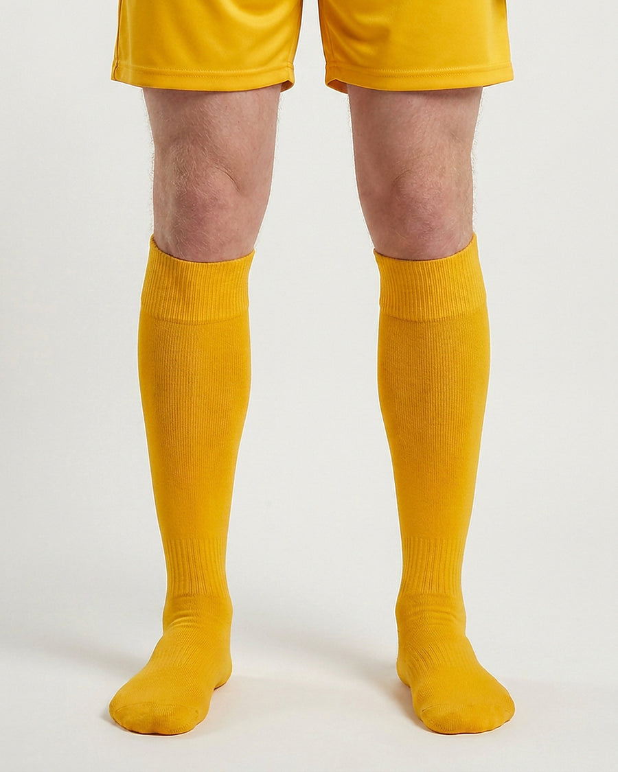 Farrellys World knee-length football socks with matching shorts - Gold