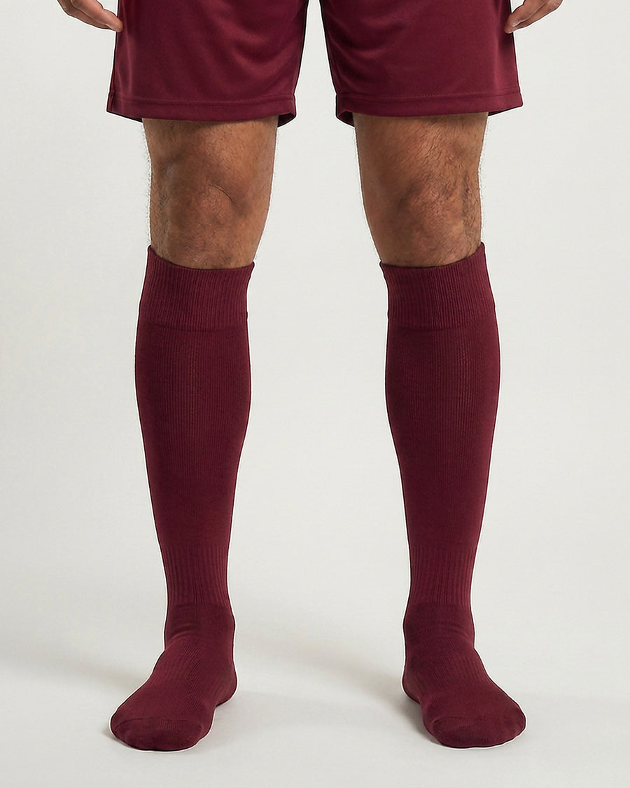 Farrellys World knee-length football socks with matching shorts - Maroon