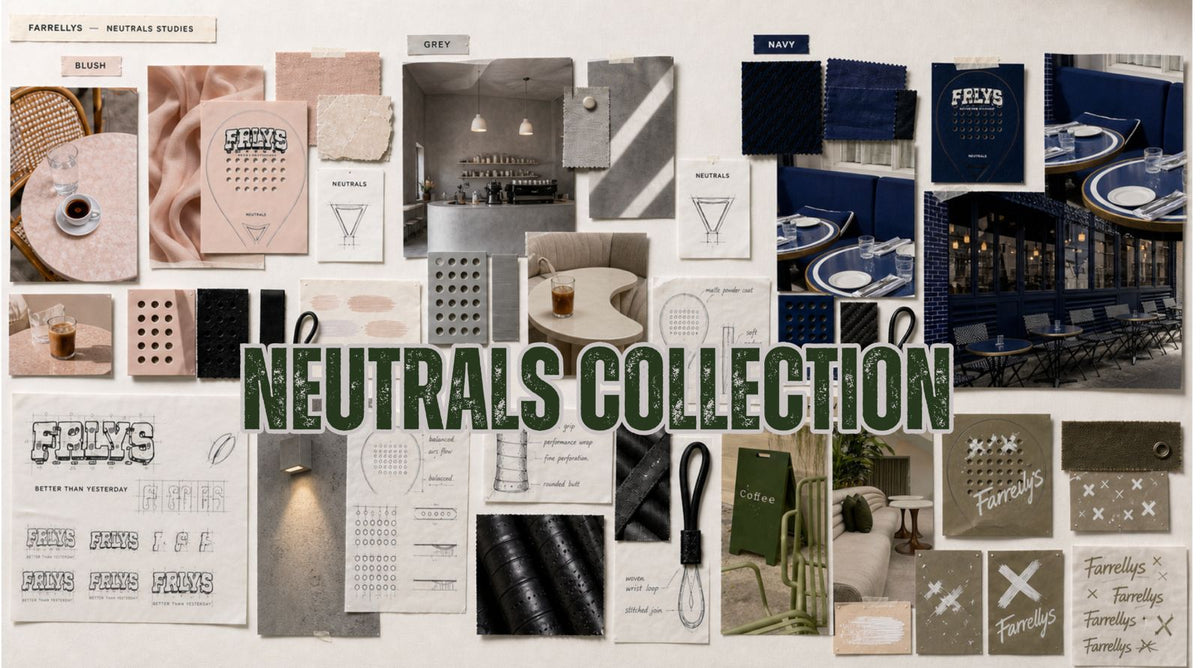 Farrellys Neutrals Collection moodboard — blush, grey and navy, drawn from café interiors.