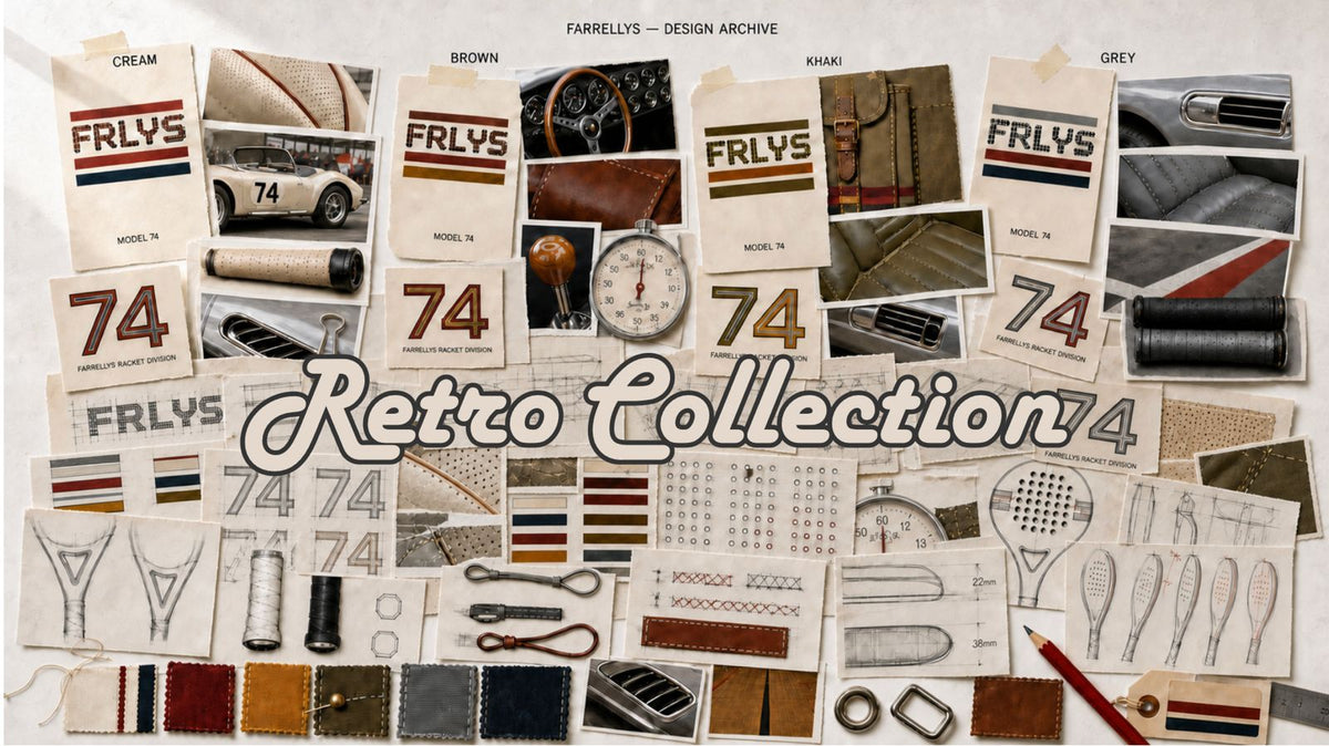 Farrellys Retro Collection moodboard — Model 74 in cream, brown, khaki and grey.