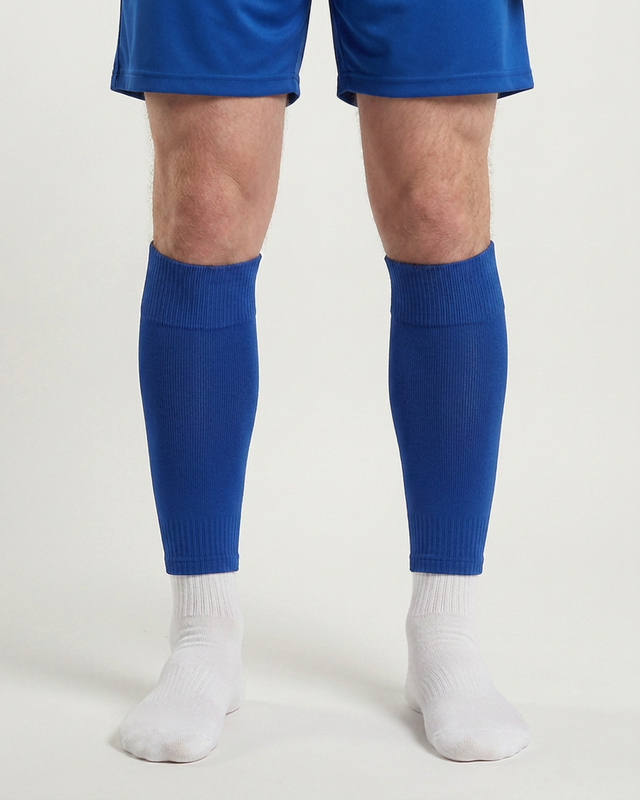 Farrellys World football sock sleeve worn over a white crew sock - Royal Blue