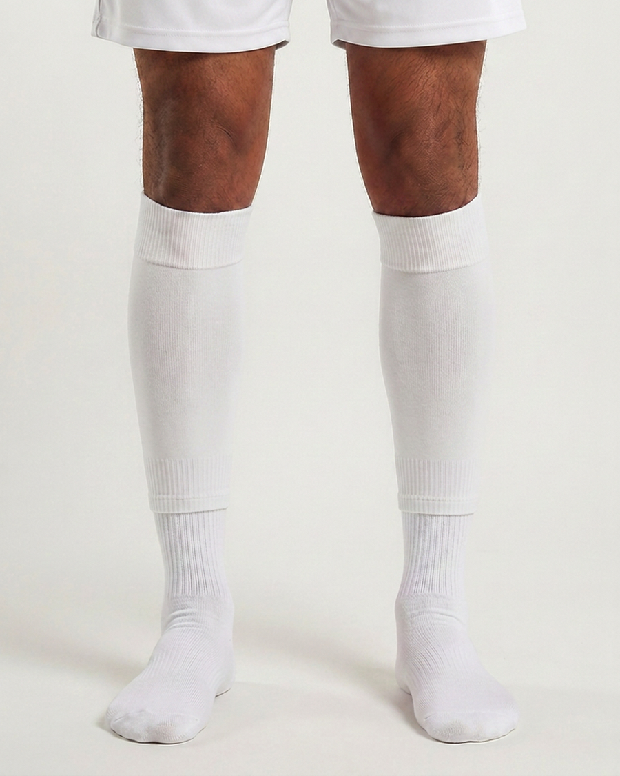 Farrellys World football sock sleeve worn over a white crew sock - White