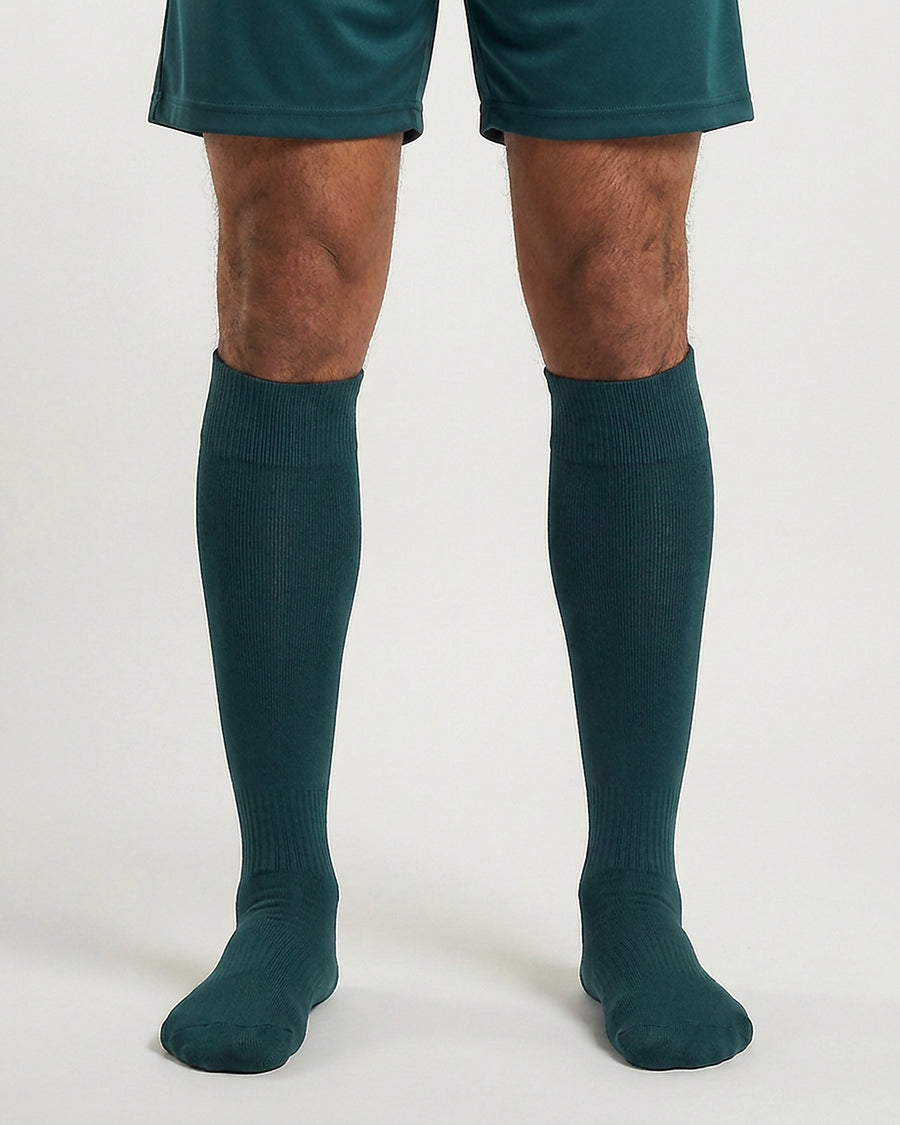 Farrellys World knee-length football socks with matching shorts - Forest Green